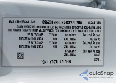 2022 Tesla Model 3 Performance Dual Motor All-Wheel Drive z USA, uszkodzony, nr VIN 5YJ3E1EC9NF102980